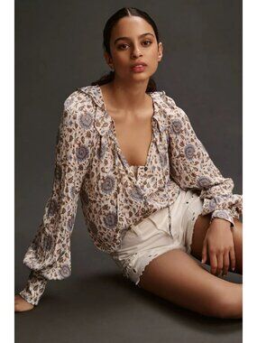 Anthropologie Floral Juliette Peasant Blouse 2x Blue Cream Balloon Sleeve